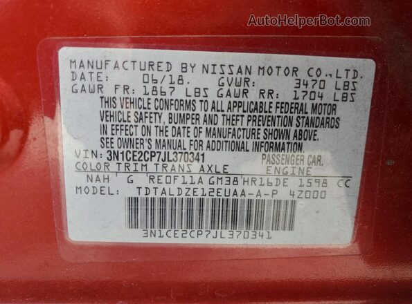 3N1CE2CP7JL370341 2018 NISSAN VERSA Red Widok naklejki z numerem VIN