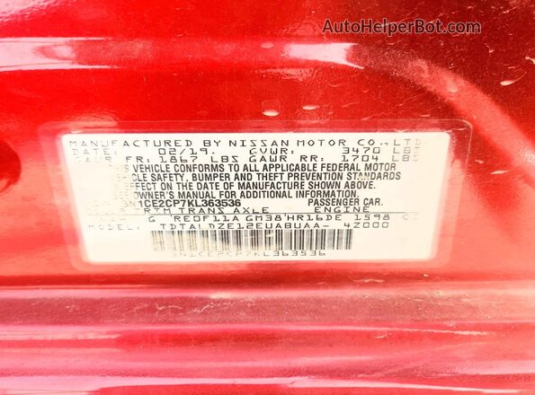 3N1CE2CP7KL363536 2019 NISSAN VERSA Red Շարժիչի բաժամունքի տեսք