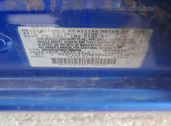 3N1CE2CP8GL390445 2016 NISSAN VERSA Blue Engine compartment view