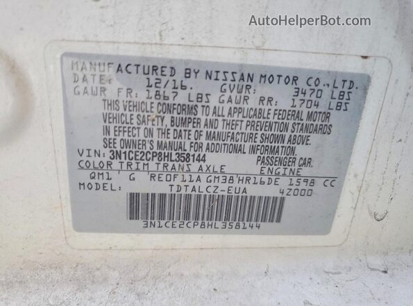 3N1CE2CP8HL358144 2017 NISSAN VERSA White Vista de la etiqueta del VIN