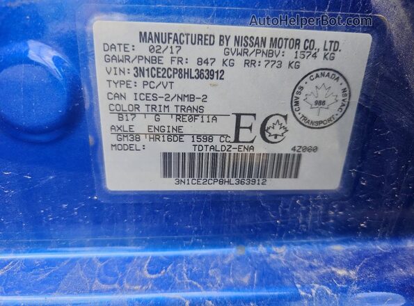 3N1CE2CP8HL363912 2017 NISSAN VERSA Blue Engine compartment view
