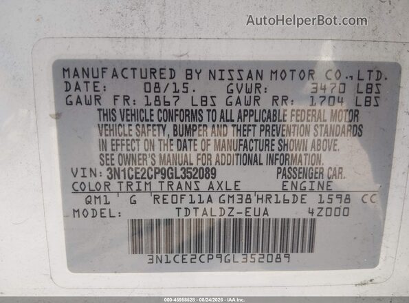 3N1CE2CP9GL352089 2016 NISSAN VERSA NOTE Белый Вид подкапотного пространства
