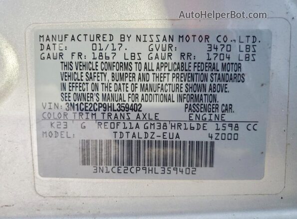 3N1CE2CP9HL359402 2017 NISSAN VERSA Silver Շարժիչի բաժամունքի տեսք