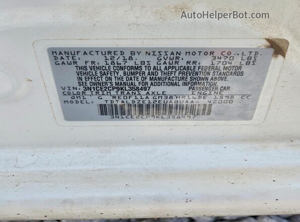 3N1CE2CP9KL358497 2019 NISSAN VERSA White VIN კოდის სტიკერის ხედი