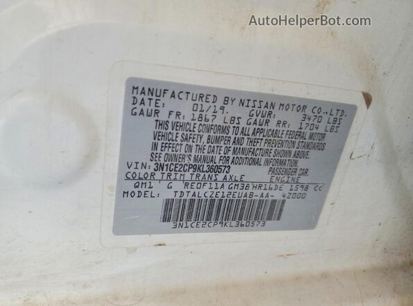 3N1CE2CP9KL360573 2019 NISSAN VERSA White Вид підкапотного простору