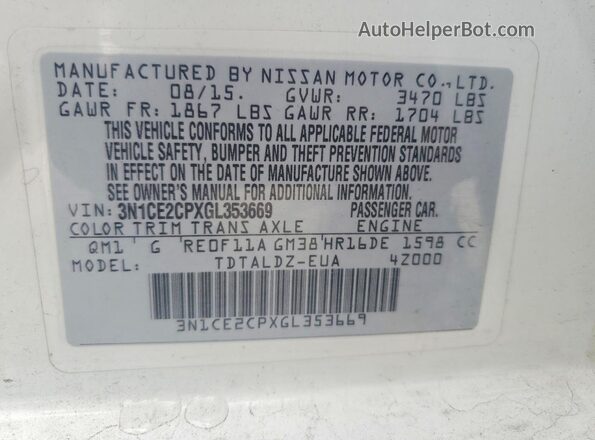 3N1CE2CPXGL353669 2016 NISSAN VERSA White Շարժիչի բաժամունքի տեսք