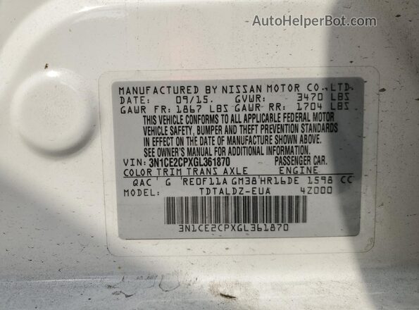 3N1CE2CPXGL361870 2016 NISSAN VERSA White VIN sticker view