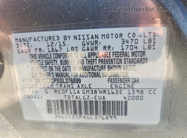 3N1CE2CPXGL376899 2016 NISSAN VERSA Gray Вид підкапотного простору