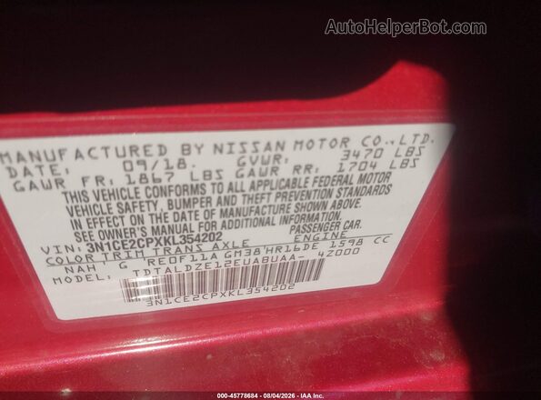 3N1CE2CPXKL354202 2019 NISSAN VERSA NOTE Red Engine compartment view