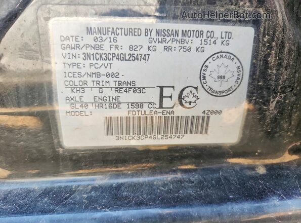 3N1CK3CP4GL254747 2016 NISSAN MICRA Black VIN sticker view