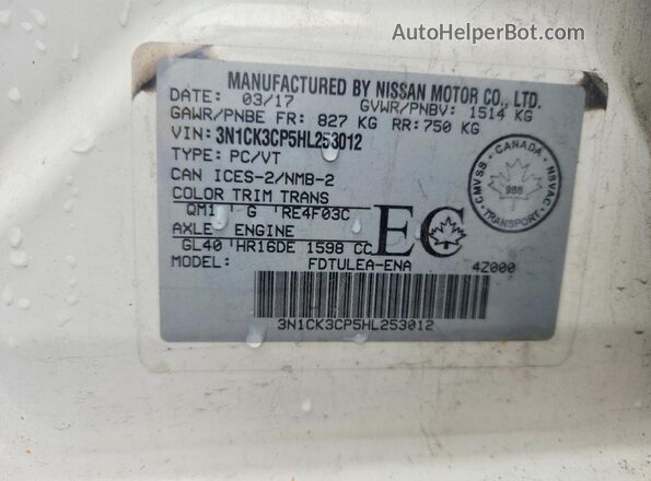 3N1CK3CP5HL253012 2017 NISSAN MICRA White Vista de la etiqueta del VIN