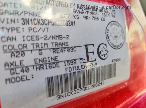 3N1CK3CP5KL208241 2019 NISSAN MICRA Red Vista de la etiqueta del VIN