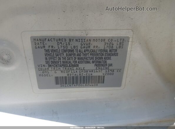 3N1CN7AP0GL826608 2016 NISSAN VERSA White Engine compartment view