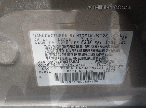 3N1CN7AP0GL854604 2016 NISSAN VERSA Gray ძრავის განყოფილების ხედი