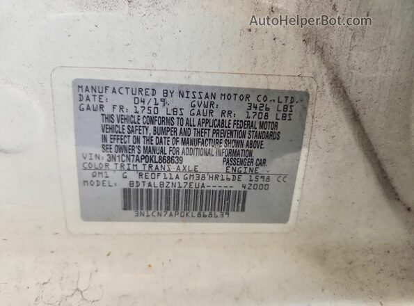 3N1CN7AP0KL868639 2019 NISSAN VERSA White Շարժիչի բաժամունքի տեսք