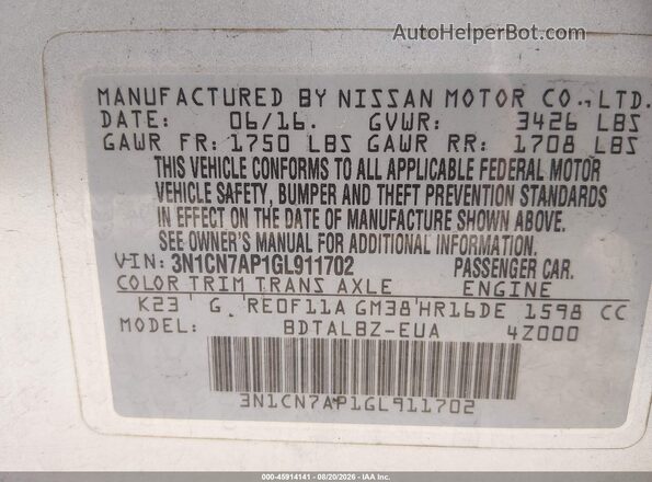 3N1CN7AP1GL911702 2016 NISSAN VERSA Silver Շարժիչի բաժամունքի տեսք