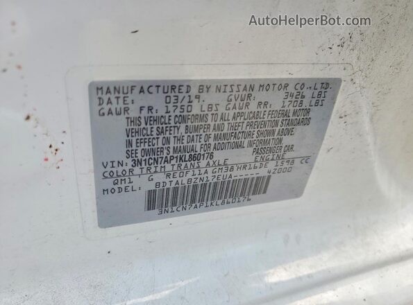 3N1CN7AP1KL860176 2019 NISSAN VERSA Белый Вид наклейки с VIN-кодом