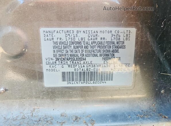 3N1CN7AP2GL820244 2016 NISSAN VERSA Gray Widok komory silnika