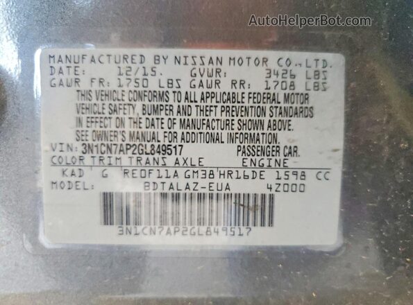 3N1CN7AP2GL849517 2016 NISSAN VERSA Gray Widok naklejki z numerem VIN