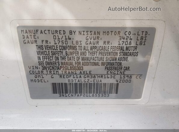 3N1CN7AP2GL855303 2016 NISSAN VERSA White Widok komory silnika