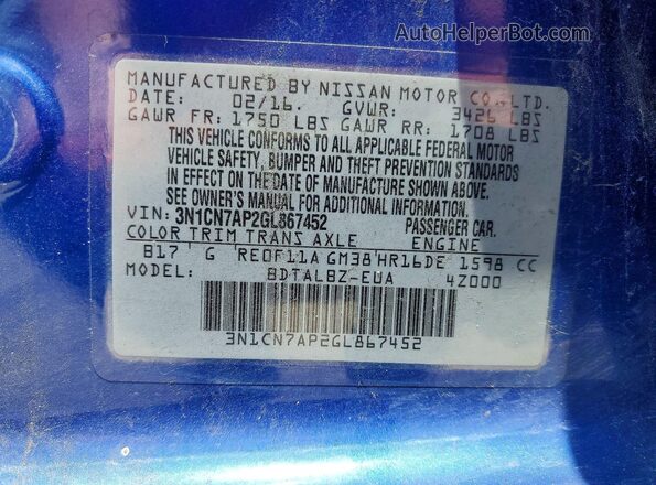 3N1CN7AP2GL867452 2016 NISSAN VERSA Blue Vista interior de 360 grados