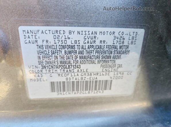 3N1CN7AP2GL871243 2016 NISSAN VERSA Gray Widok komory silnika