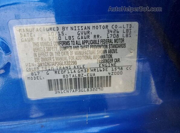 3N1CN7AP3GL832290 2016 NISSAN VERSA Blue Вид підкапотного простору
