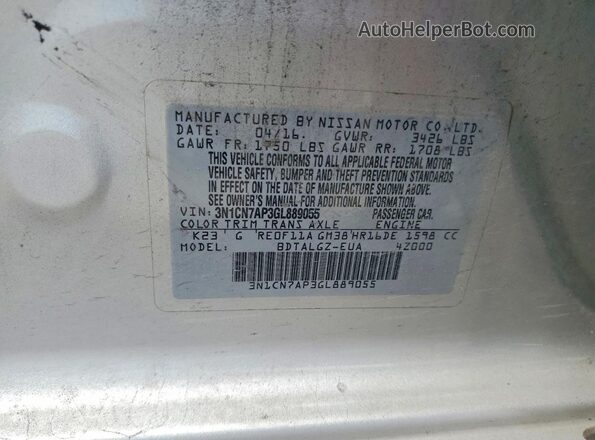 3N1CN7AP3GL889055 2016 NISSAN VERSA Silver VIN sticker view