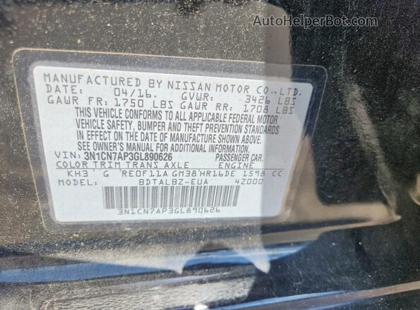 3N1CN7AP3GL890626 2016 NISSAN VERSA Black Вид підкапотного простору