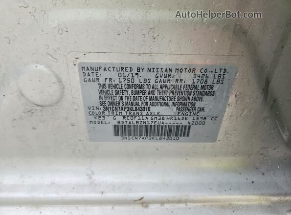 3N1CN7AP3KL843010 2019 NISSAN VERSA Silver Շարժիչի բաժամունքի տեսք