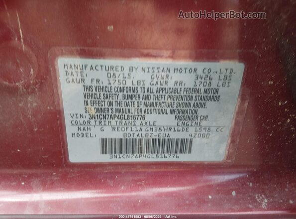3N1CN7AP4GL816776 2016 NISSAN VERSA Maroon Vista del compartimento del motor