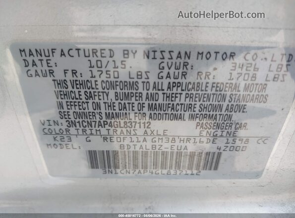 3N1CN7AP4GL837112 2016 NISSAN VERSA Silver Widok komory silnika
