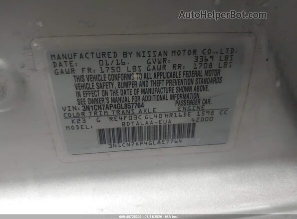3N1CN7AP4GL857764 2016 NISSAN VERSA Gray Widok komory silnika