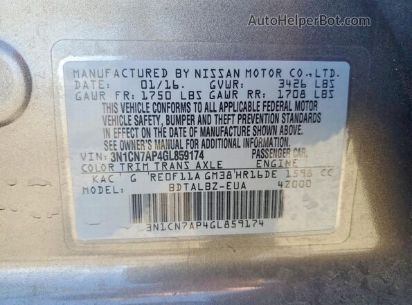 3N1CN7AP4GL859174 2016 NISSAN VERSA Gray Вид підкапотного простору