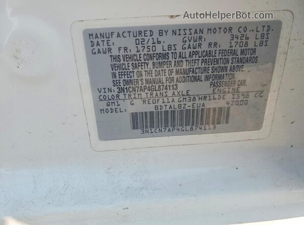 3N1CN7AP4GL874113 2016 NISSAN VERSA White Вид наклейки з VIN-кодом
