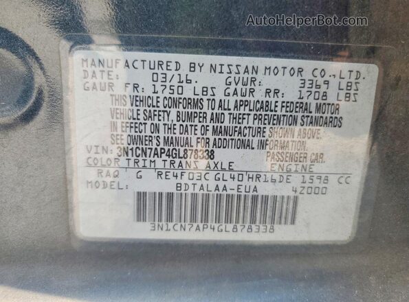 3N1CN7AP4GL878338 2016 NISSAN VERSA Teal Շարժիչի բաժամունքի տեսք