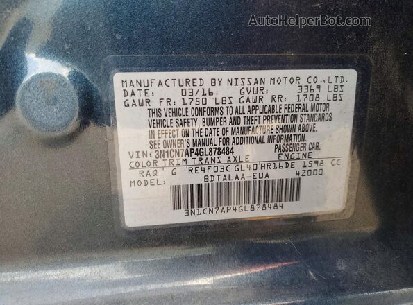 3N1CN7AP4GL878484 2016 NISSAN VERSA Blue Vista del compartimento del motor