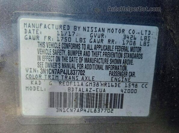 3N1CN7AP4JL837702 2018 NISSAN VERSA Gray ძრავის განყოფილების ხედი