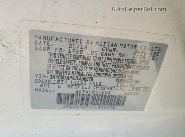 3N1CN7AP4JL855276 2018 NISSAN VERSA White Вид підкапотного простору