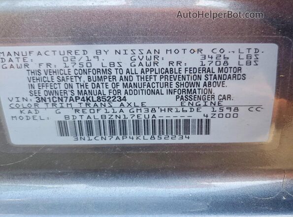 3N1CN7AP4KL852234 2019 NISSAN VERSA Gray Vista de la etiqueta del VIN