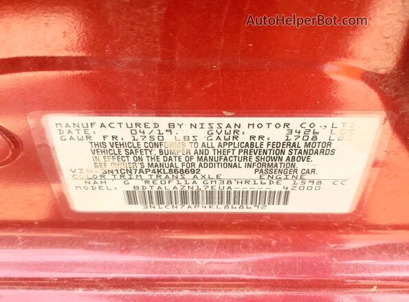 3N1CN7AP4KL868692 2019 NISSAN VERSA Red Vista de la etiqueta del VIN