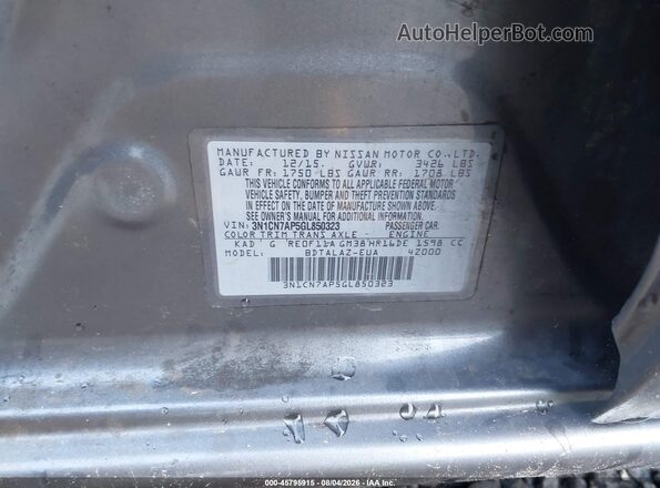 3N1CN7AP5GL850323 2016 NISSAN VERSA Black Вид підкапотного простору