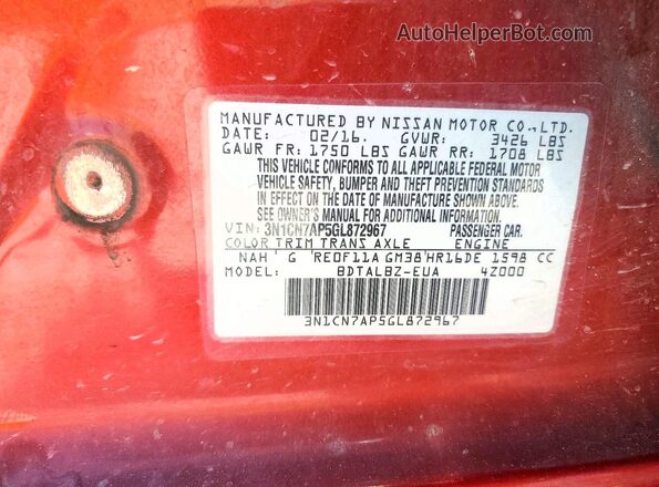 3N1CN7AP5GL872967 2016 NISSAN VERSA Burgundy Vista del compartimento del motor