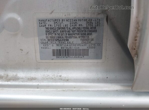 3N1CN7AP5JL818169 2018 NISSAN VERSA Silver Շարժիչի բաժամունքի տեսք