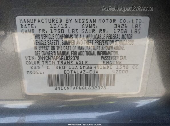 3N1CN7AP6GL832378 2016 NISSAN VERSA Gray Vista del compartimento del motor