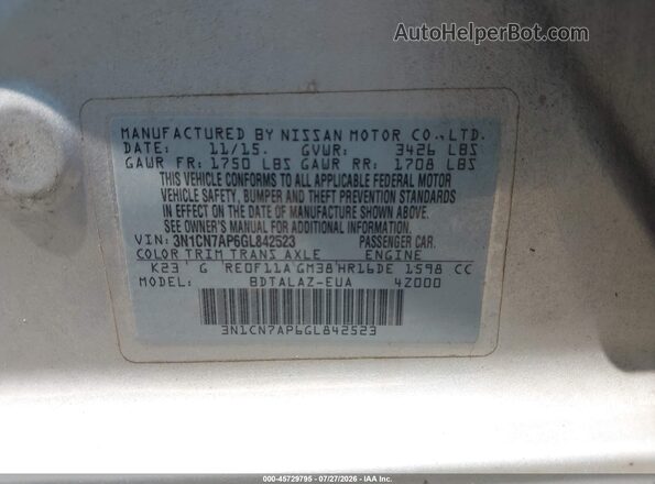 3N1CN7AP6GL842523 2016 NISSAN VERSA Серый Вид подкапотного пространства