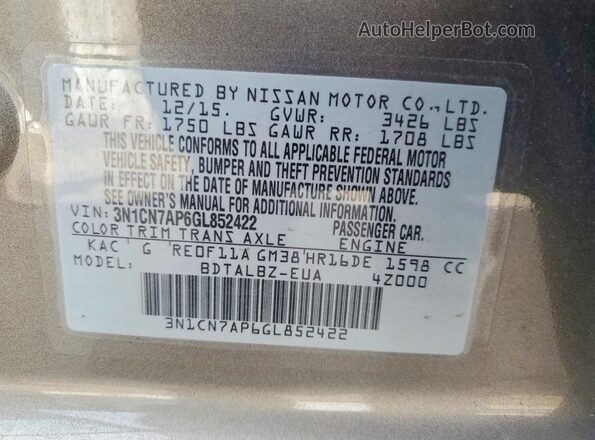3N1CN7AP6GL852422 2016 NISSAN VERSA Gray Вид наклейки з VIN-кодом