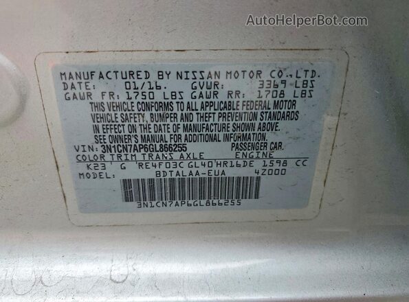 3N1CN7AP6GL866255 2016 NISSAN VERSA Silver Вид наклейки з VIN-кодом