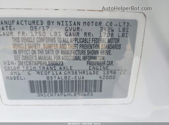 3N1CN7AP6HL890623 2017 NISSAN VERSA White Widok komory silnika