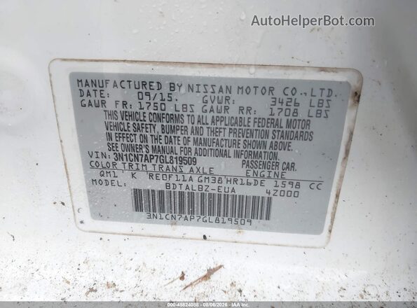 3N1CN7AP7GL819509 2016 NISSAN VERSA White ძრავის განყოფილების ხედი